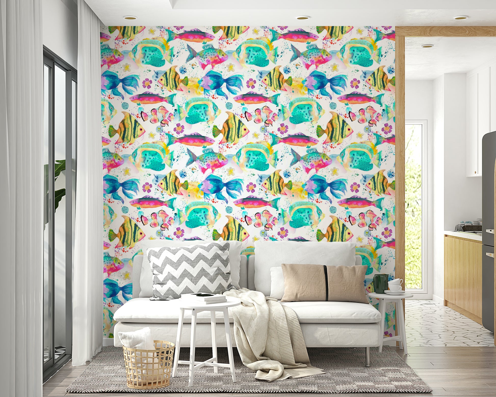 Sea life wallpaper with tropical fish in pink, teal, and orange.

