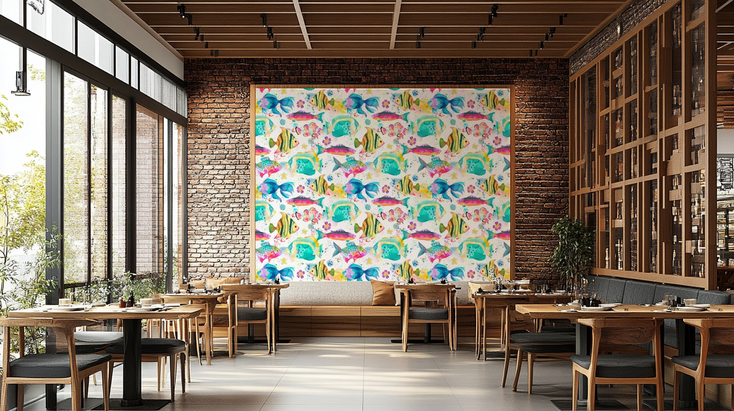 Hawaiian ocean wallpaper with playful fish in bright colors.


