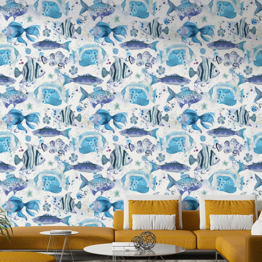Marine wallpaper with fish in orange, yellow, and teal on a blue backdrop.

