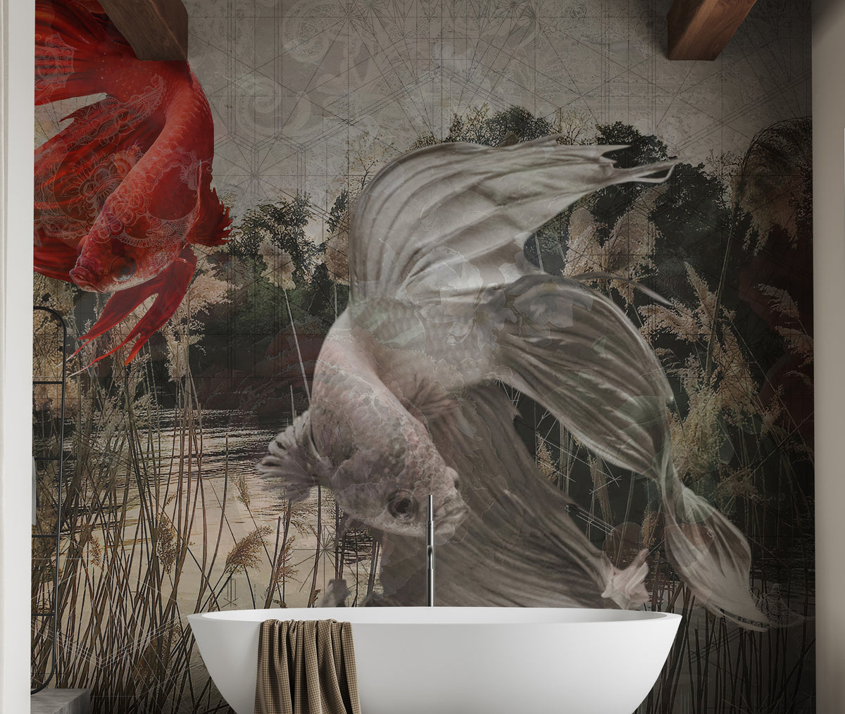 Underwater Fishes wallpaper mural shown as a full feature wall that highlights the design