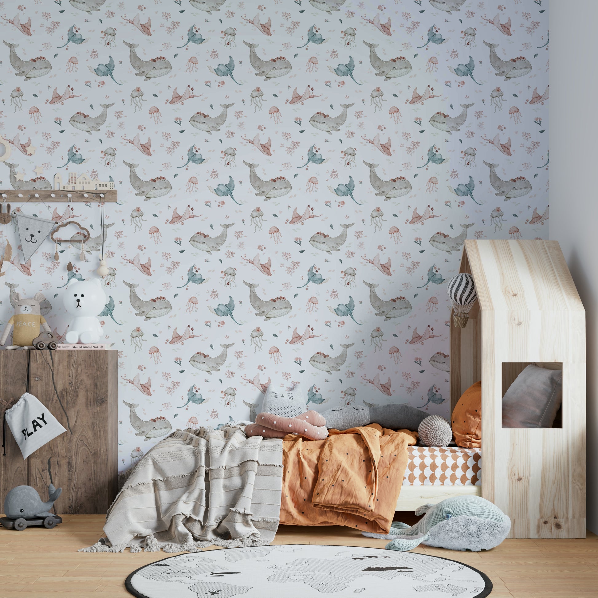 Ocean-inspired wallpaper with floral design

