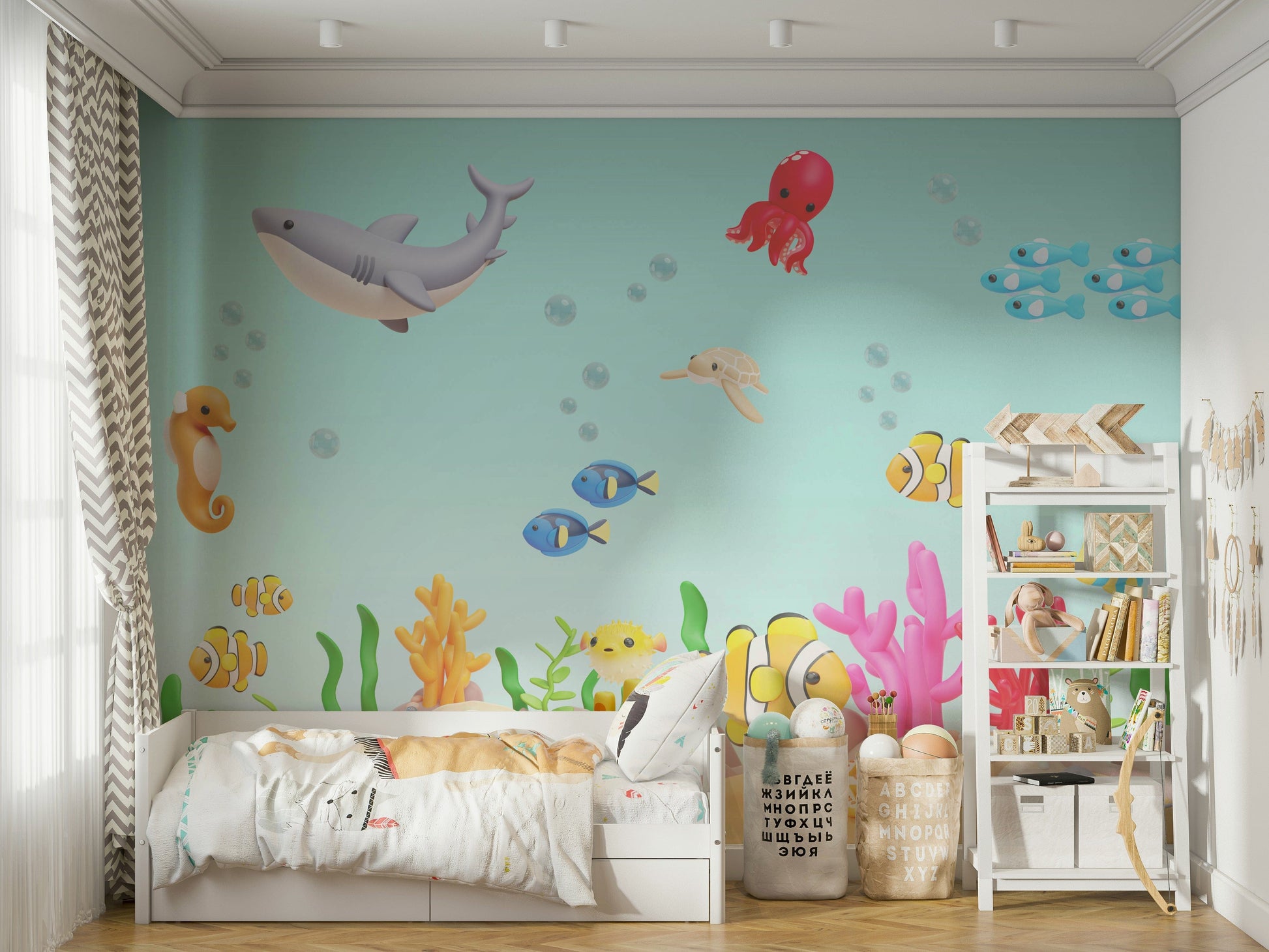A cheerful wall mural with a whimsical, underwater design.

