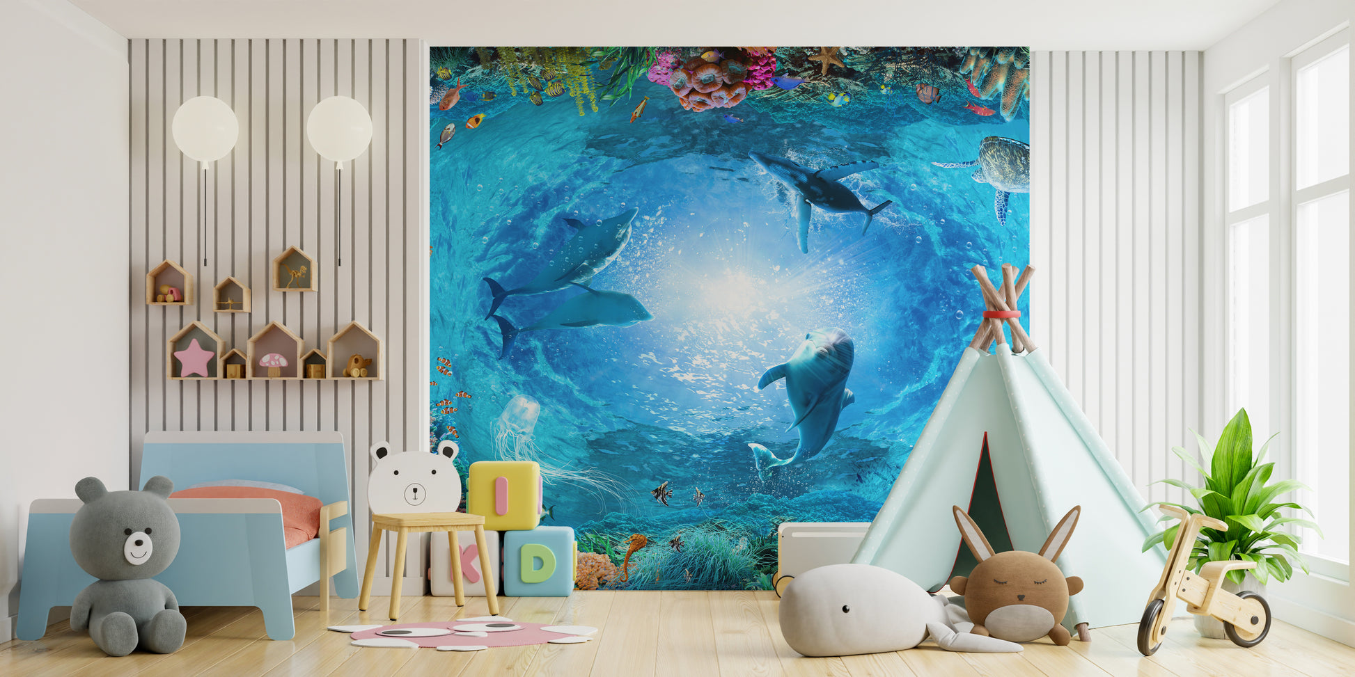 Underwater Landscape Aqua Blue Color Dolphin Wallpaper - Giffywalls