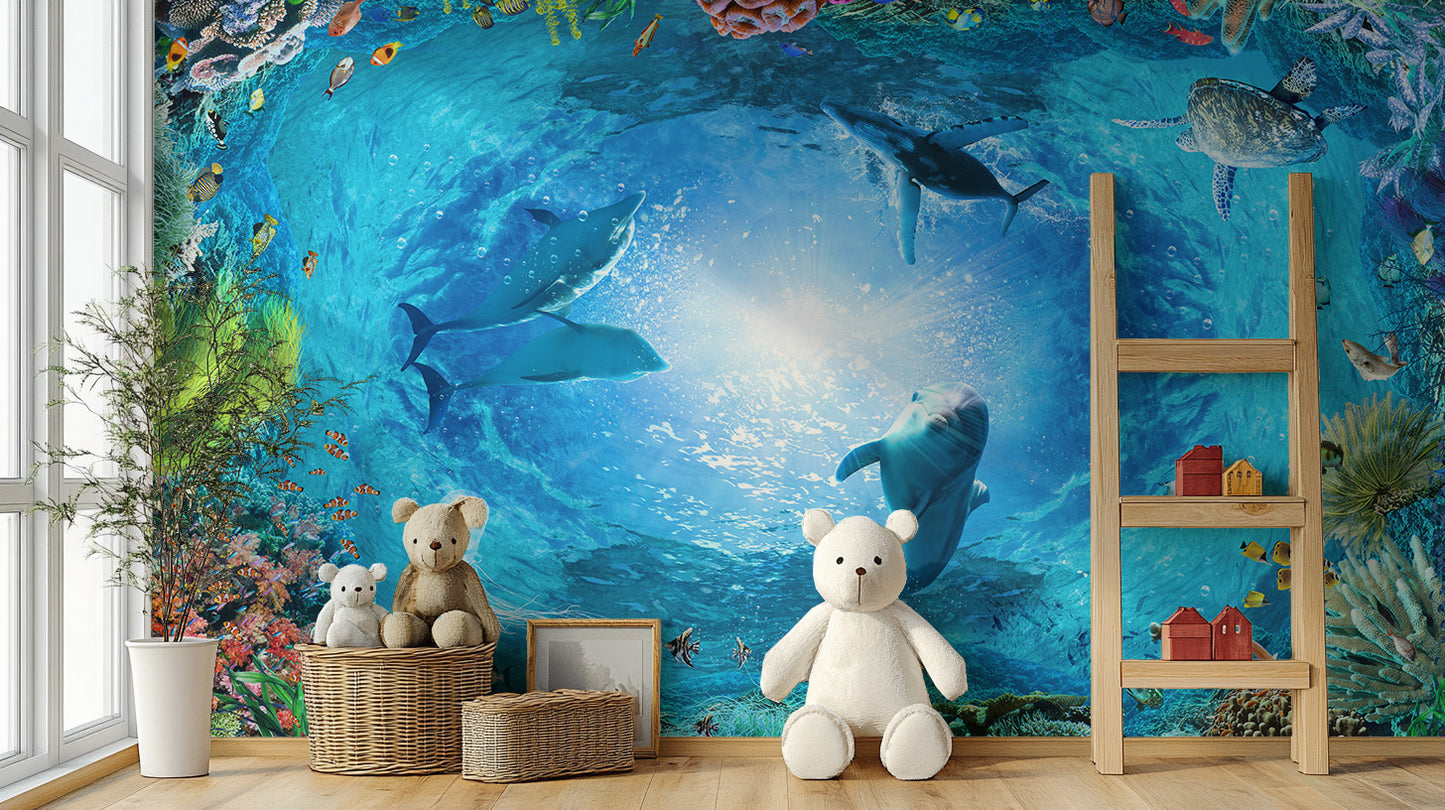 Serene underwater dolphin wallpaper art