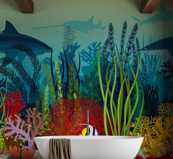 Underwater Ocean Scene wallpaper mural shown as a full feature wall that highlights the design