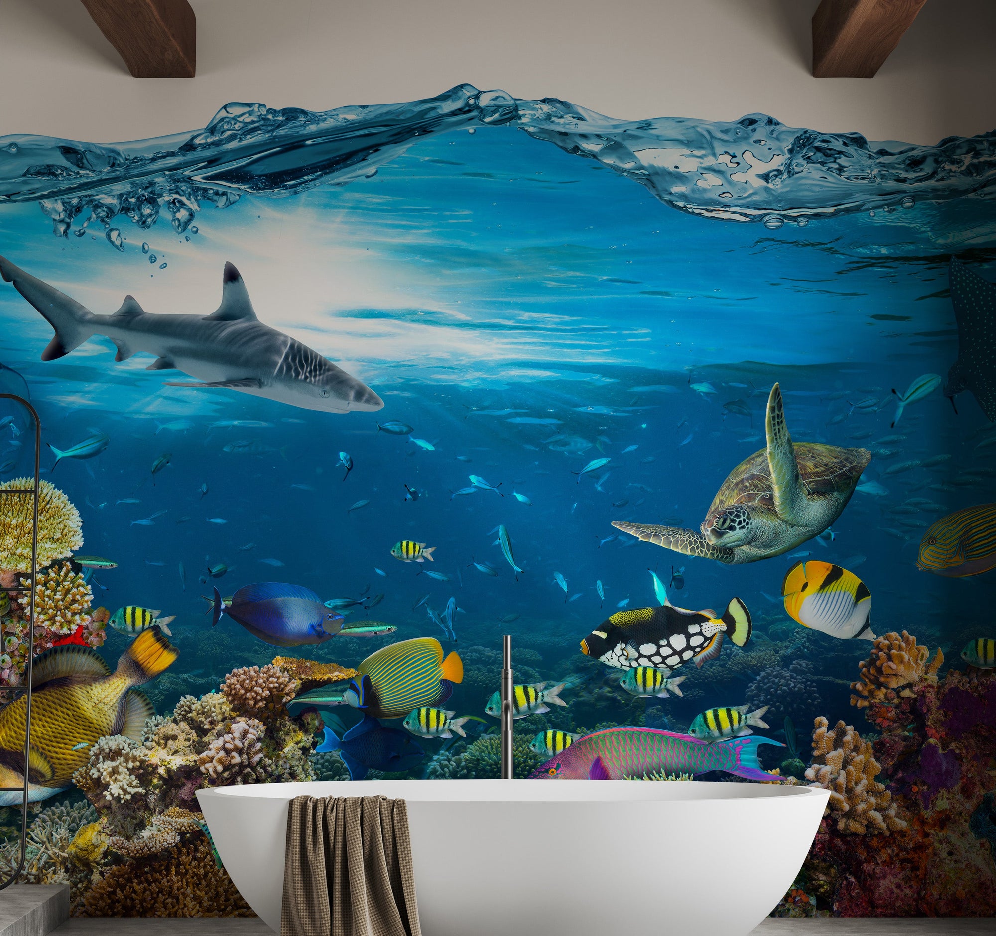 Underwater Splash with Corel Reef wallpaper mural shown as a full feature wall that highlights the design