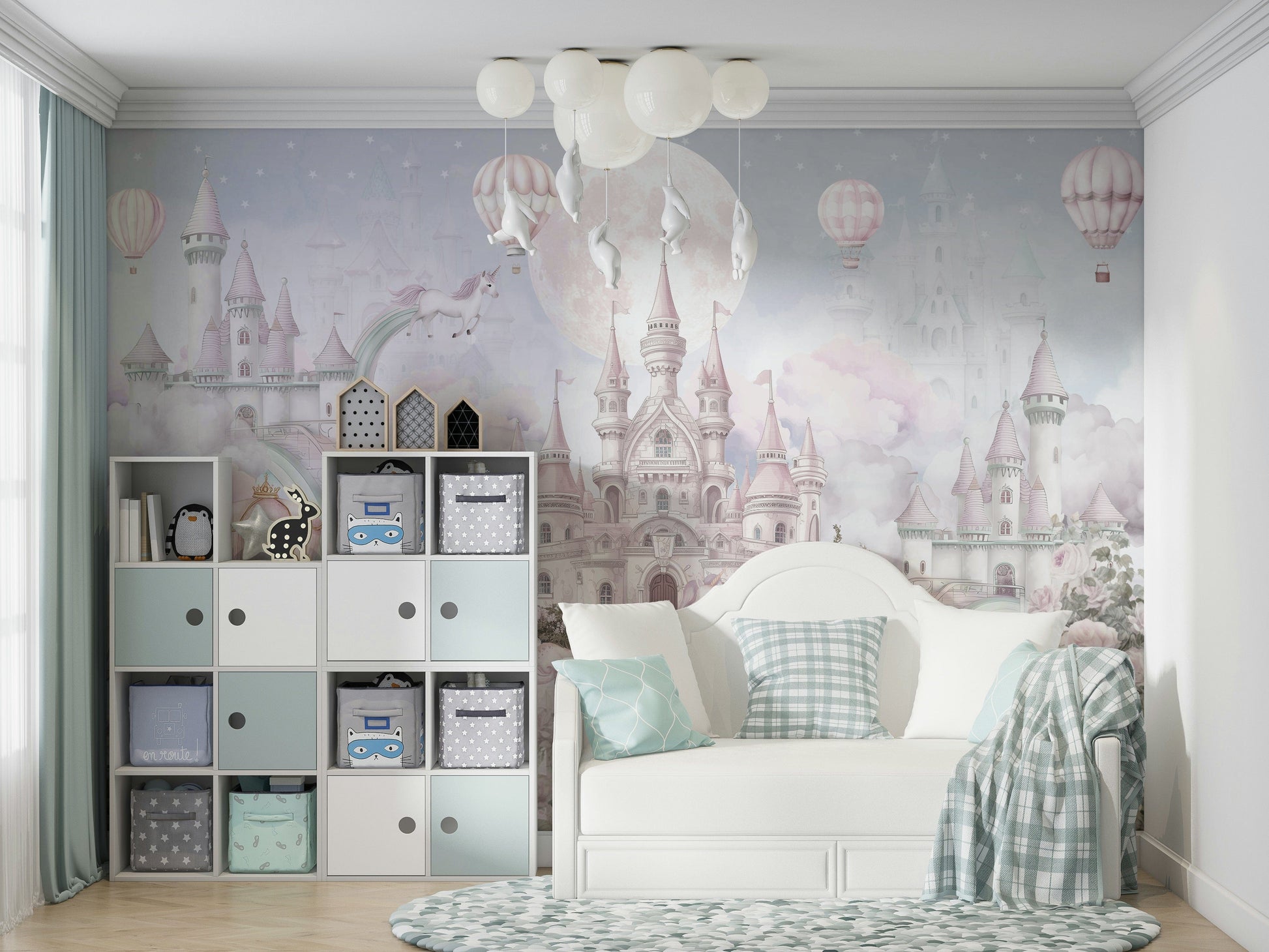 A peaceful wall mural with a whimsical, magical design.

