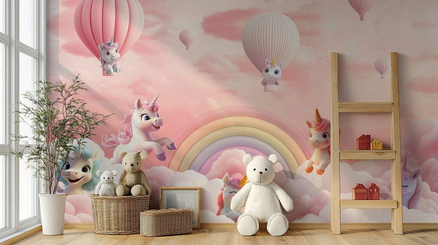 The design features a repeating pattern of soft, delicate unicorns, clouds, and stars.

