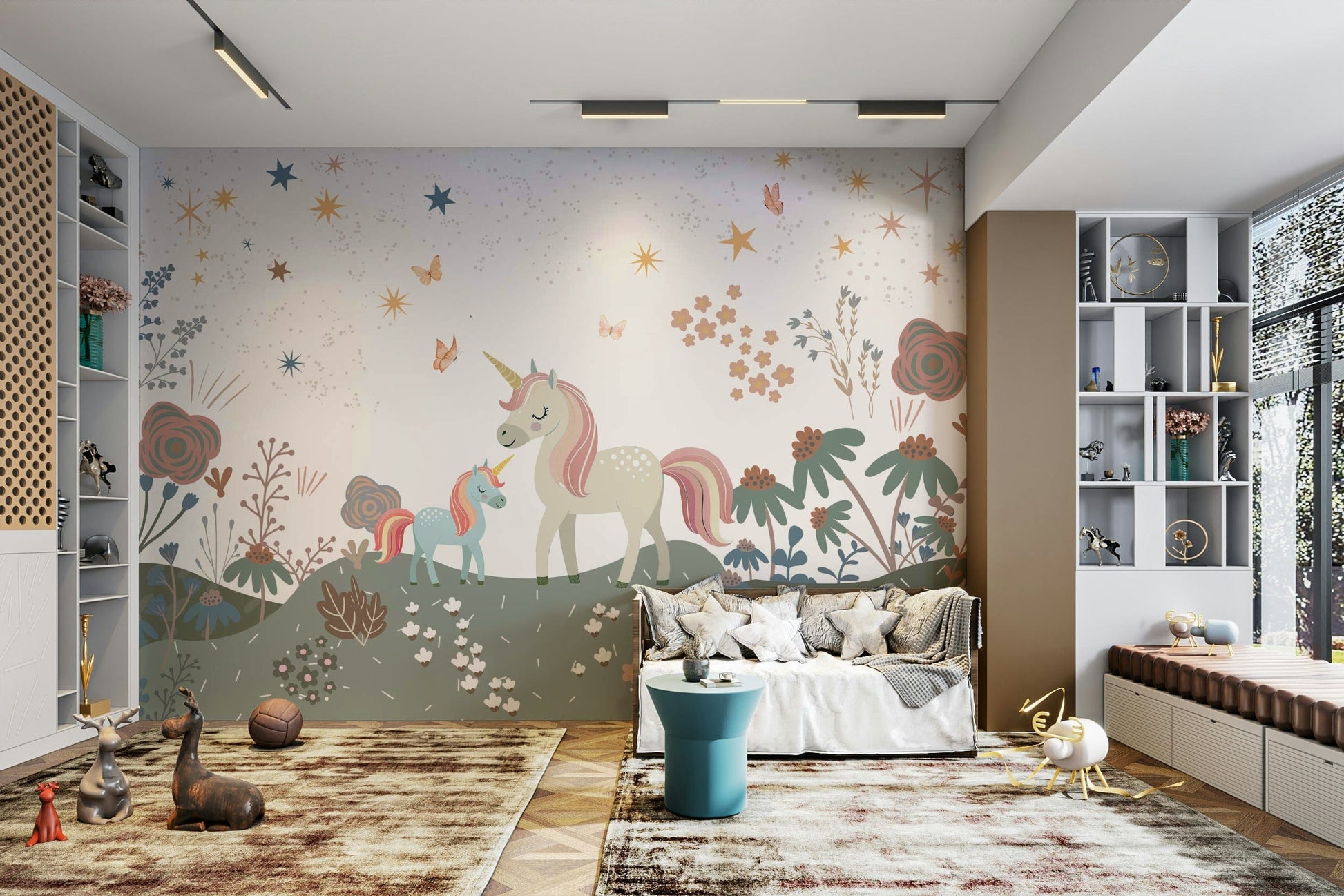 The design features friendly unicorns in a magical meadow.

