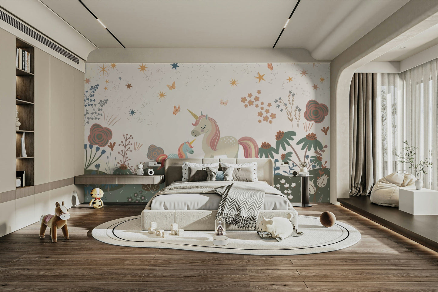 A peaceful wall mural with a whimsical unicorn scene.

