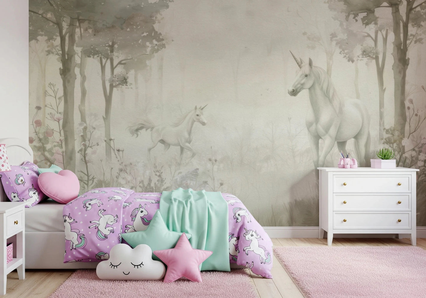 Unicorns in a Magical Dreamy Forest – Sage Wall Mural