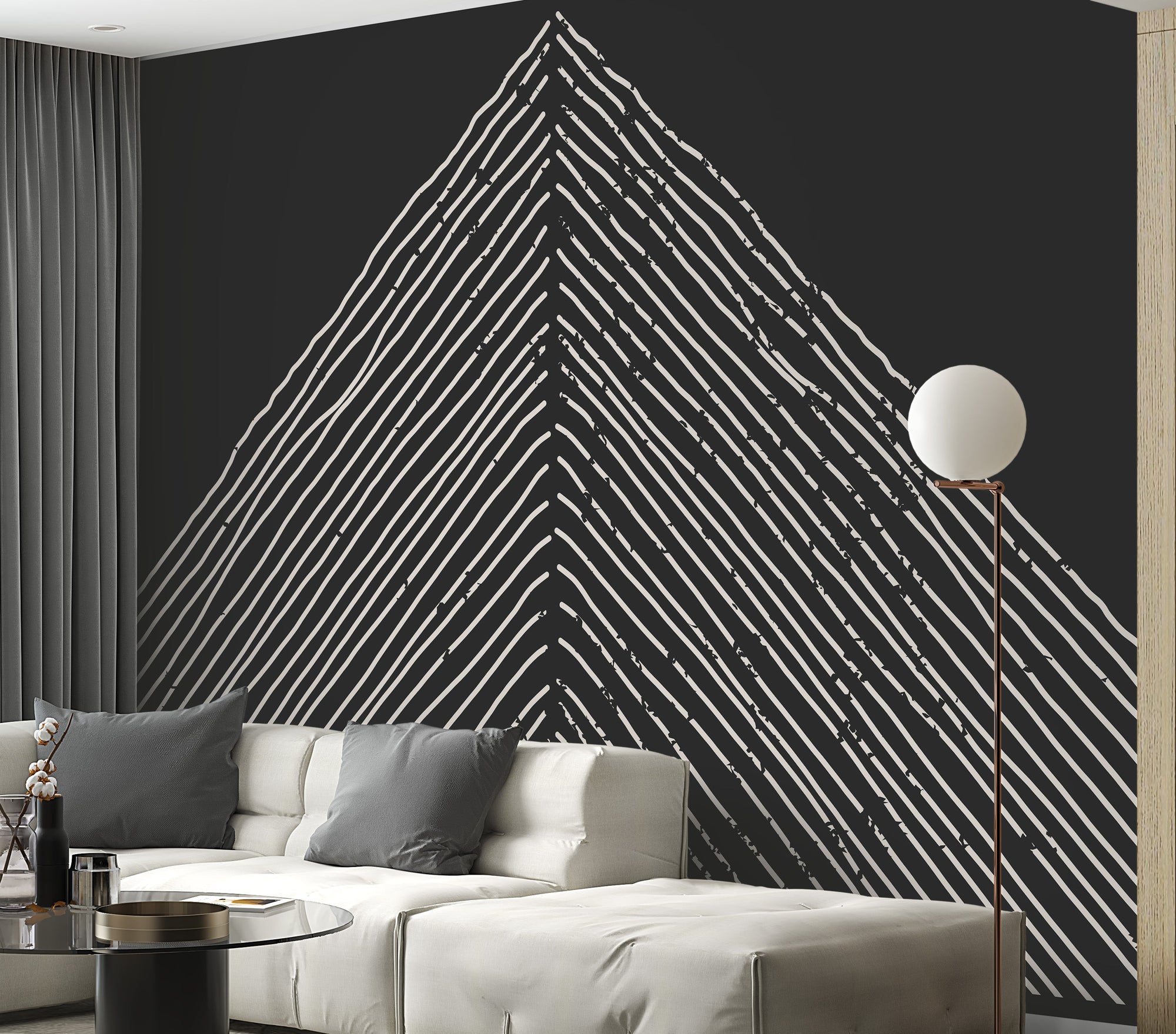 Abstract Triangle Mountain wallpaper shown as a full feature wall that highlights the design