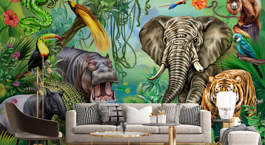 Lush green forest mural with wildlife for kids
