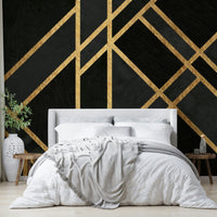 Strong graphic mural with linear black Art Deco patterns.

