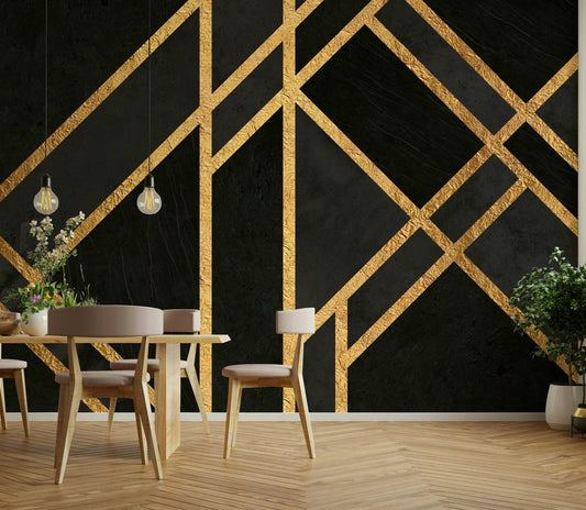 Urban Black Art Deco Wall Mural with bold geometric patterns.

