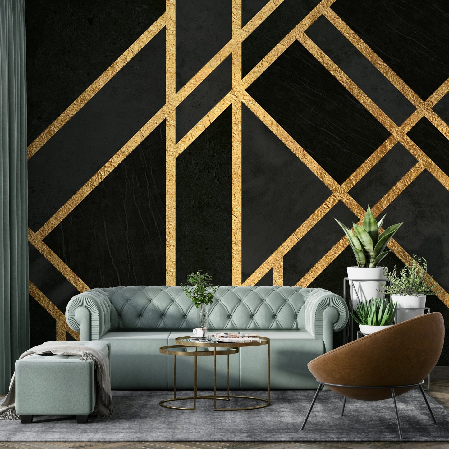 Geometric Art Deco mural in black for modern city-inspired interiors.

