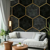 Urban-inspired hexagon wall mural with gold detailing.

