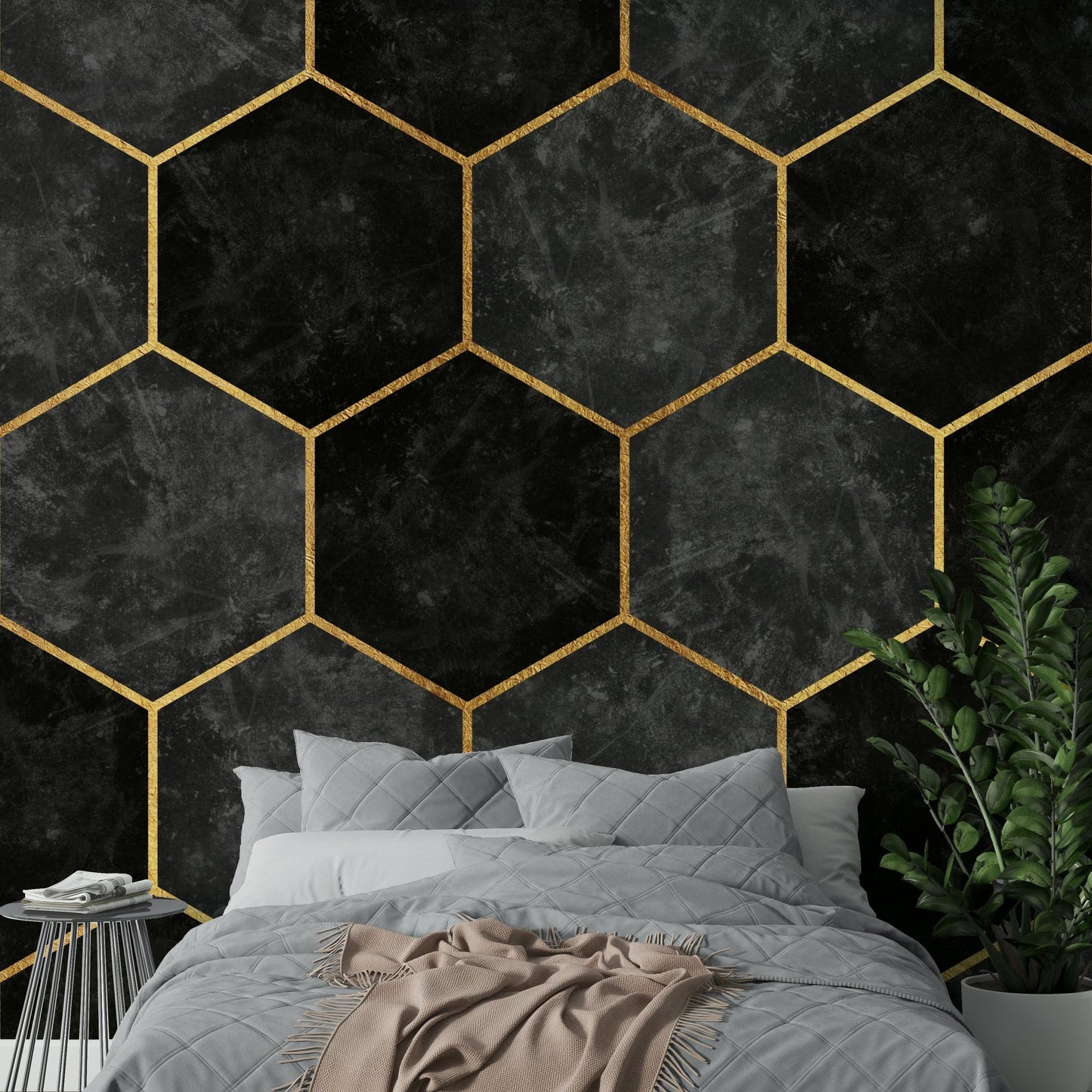 Urban Charcoal Hexagon Pattern Wall Mural with golden accents.

