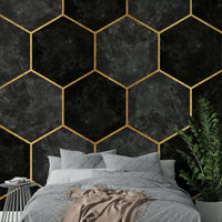 Urban Charcoal Hexagon Pattern Wall Mural with golden accents.

