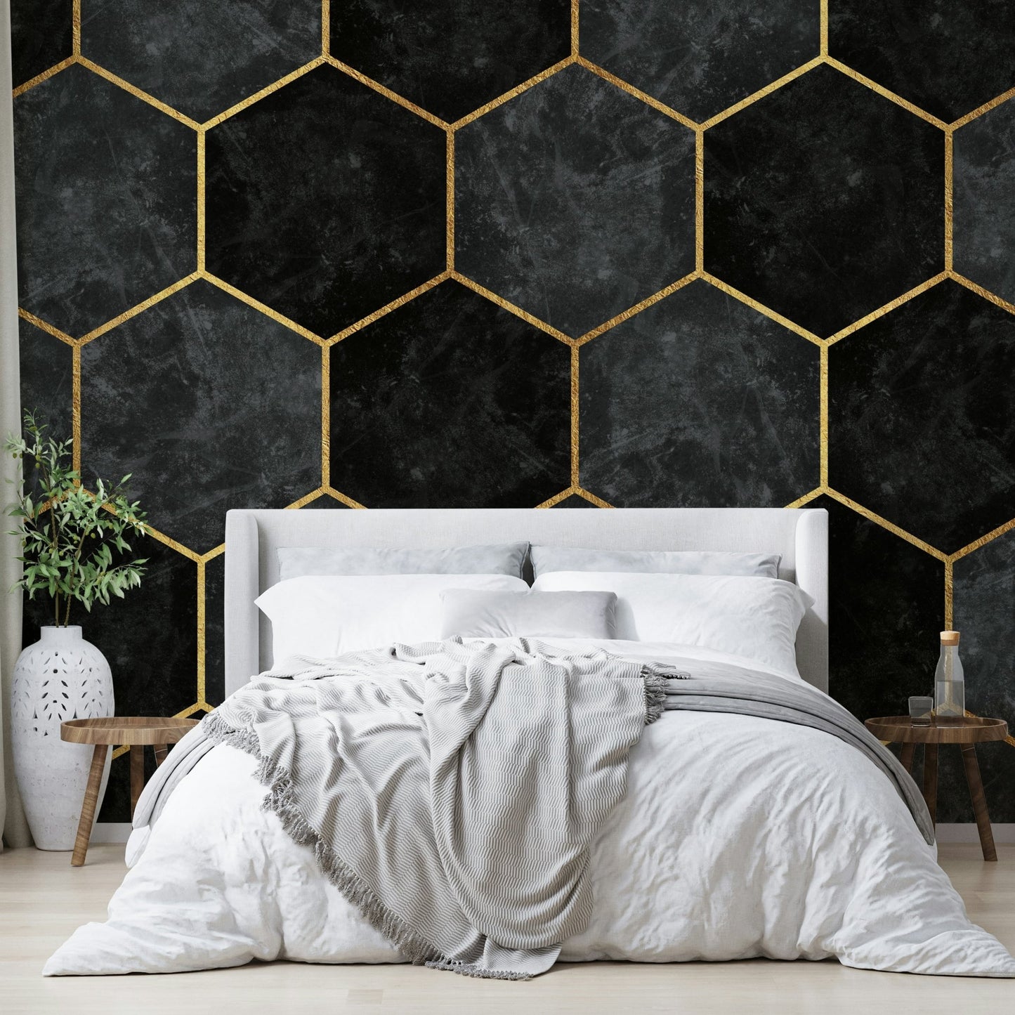 Hexagon pattern wall mural in charcoal with elegant golden accents.

