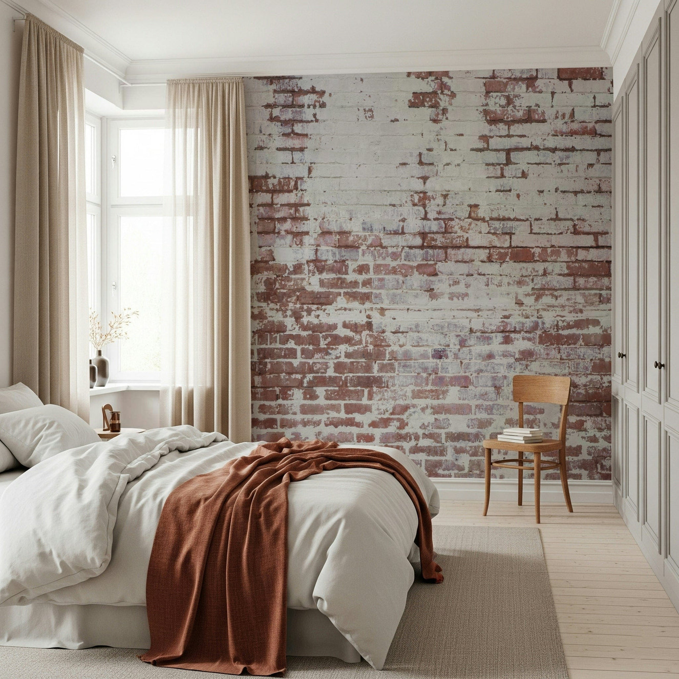Wall mural showcasing distressed brick textures with peeling paint and natural wear for rustic, vintage décor.