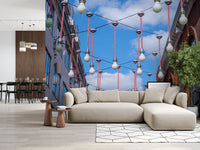 Geometric patterns of Urban Hanging Lights Wall Mural living room on a clear day.