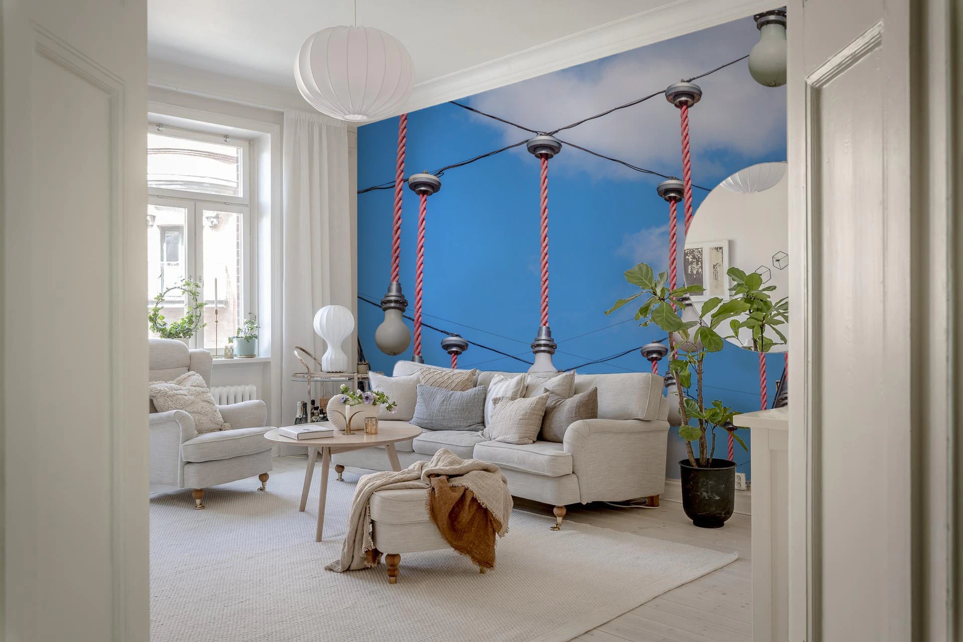 Detailed Urban Hanging Lights Wall Mural showing outdoor electrical fixtures.