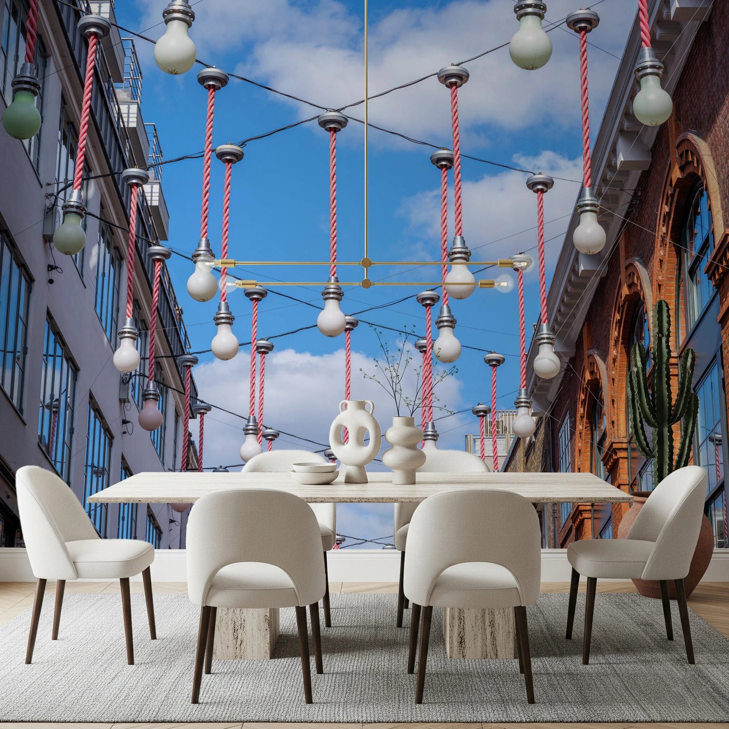 Street style Urban Hanging Lights dining area Wall Mural featuring red rope cords.