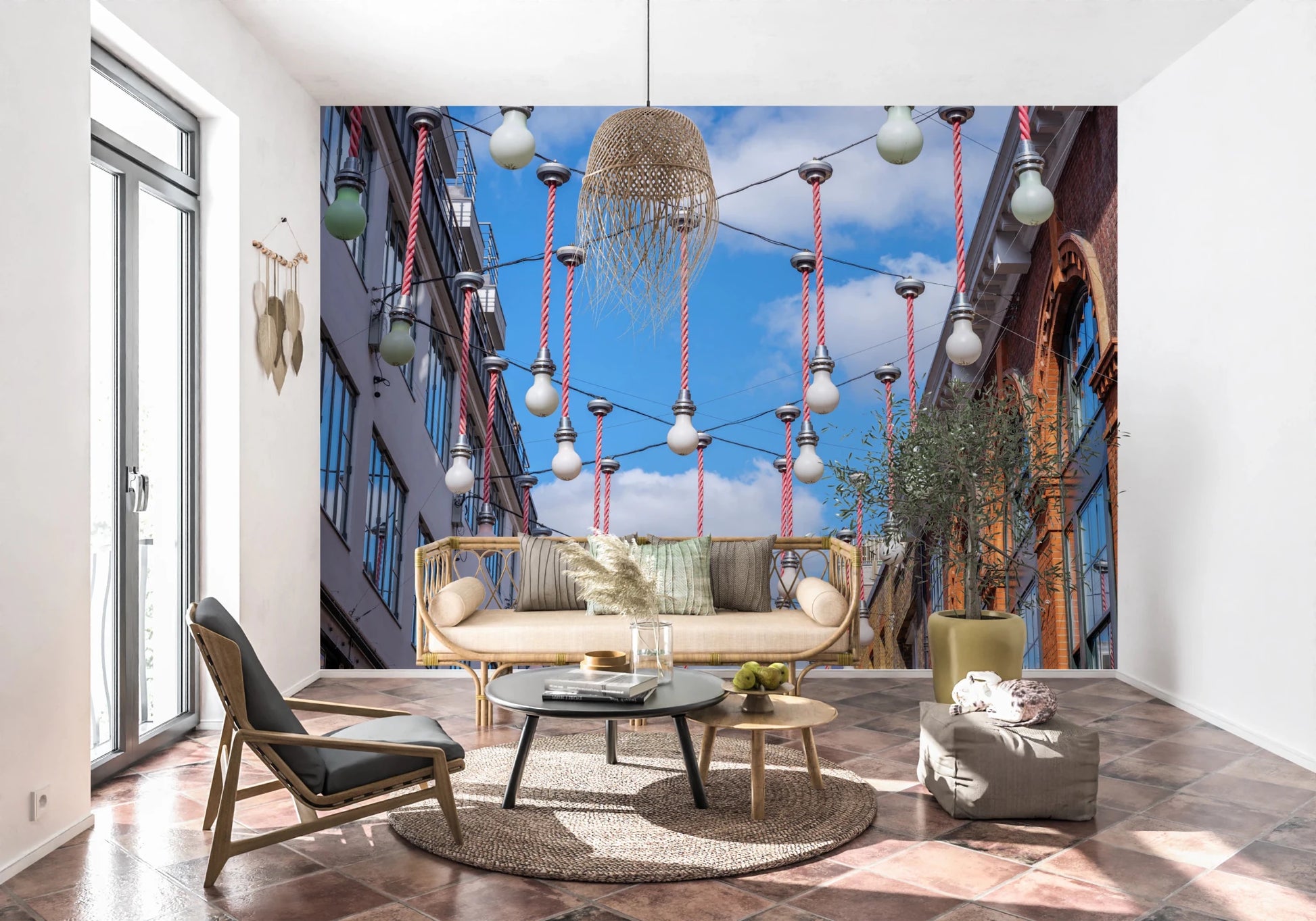 Artistic Urban Hanging Lights Wall Mural captures daylight illumination.