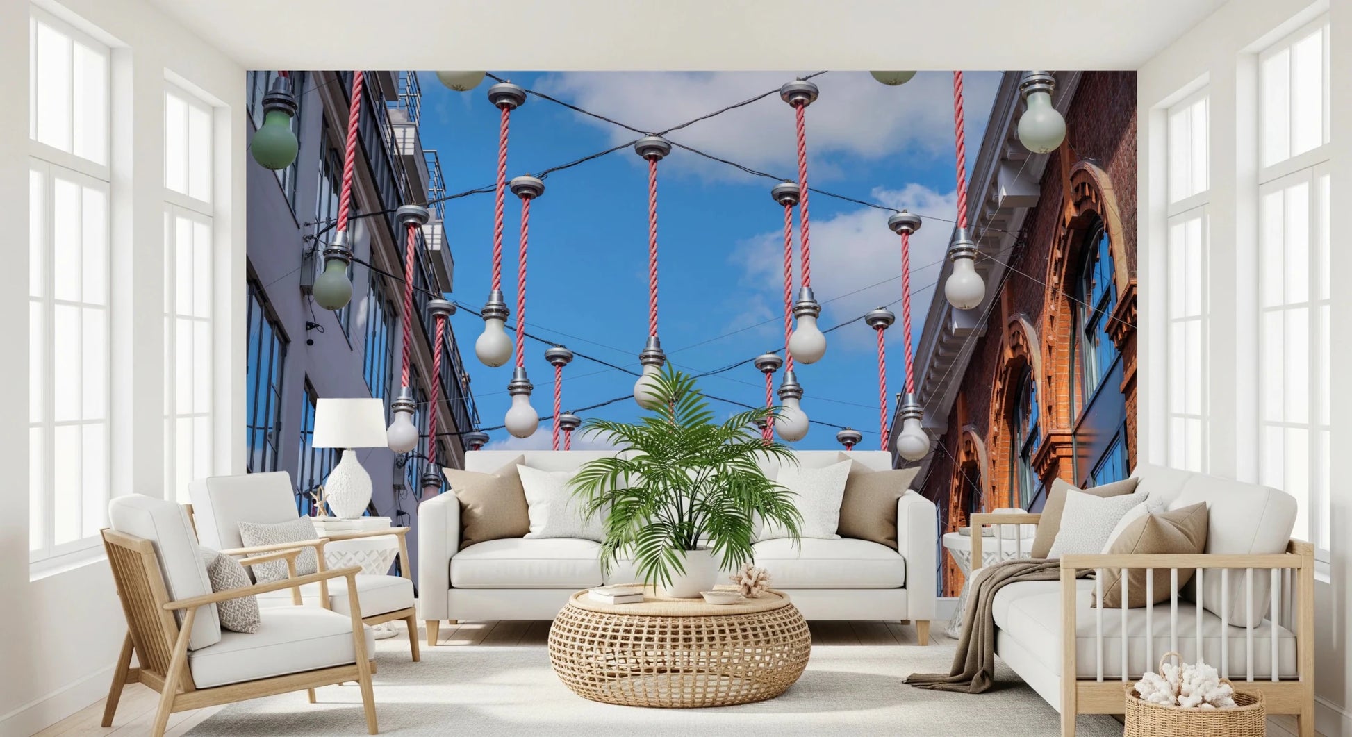 Bright Urban Hanging Lights Wall Mural captures city alleyway aesthetic.
