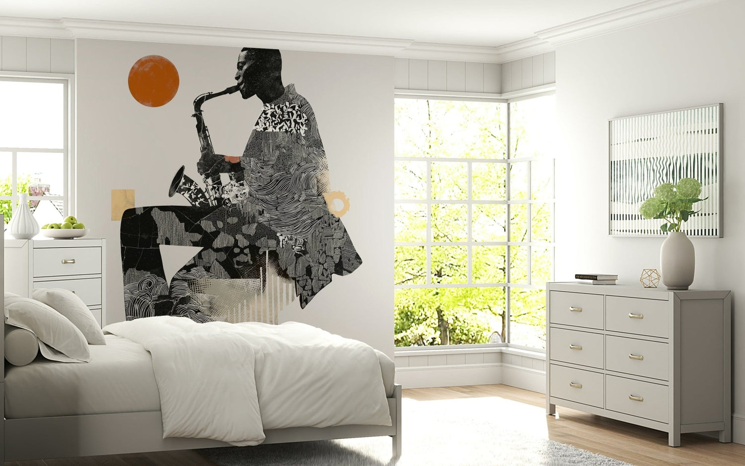 Urban Jazz wallpaper mural of a black-and-white saxophonist with orange sun above a white bed and grey dresser