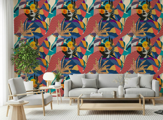 Urban Muse wallpaper of a pop-art floral face collage behind a grey sofa in a living room