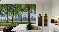 Serene waterfront park peel and stick wallpaper design