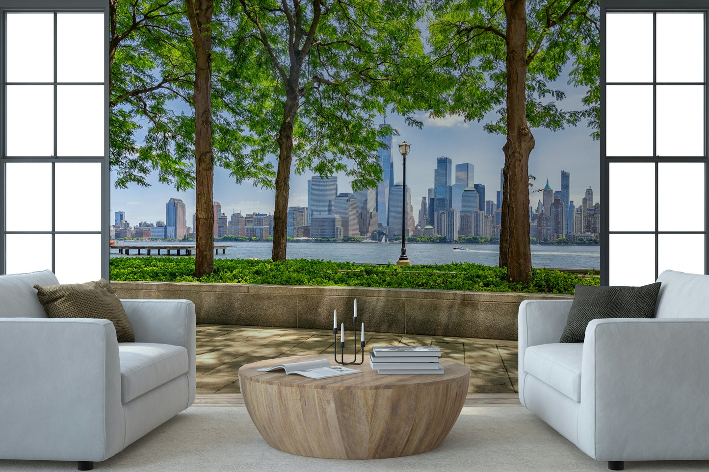 Lush foliage meeting skyscrapers Urban Oasis View mural