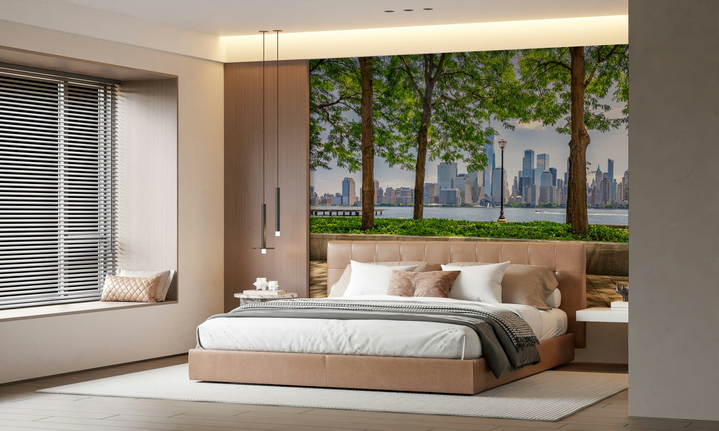 Green trees framing Manhattan architecture wallpaper mural