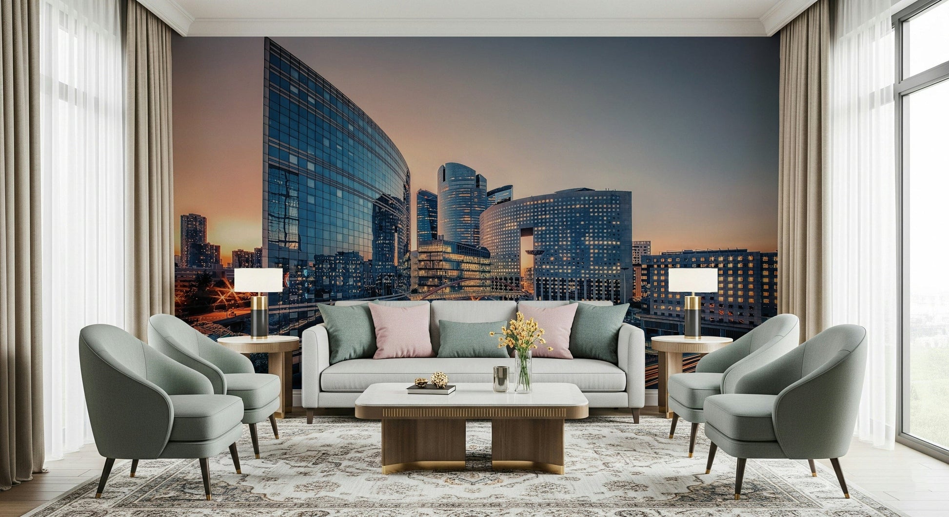 Minimal lounge room with serene skyline mural, modern home styling look