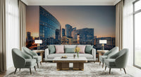 Minimal lounge room with serene skyline mural, modern home styling look