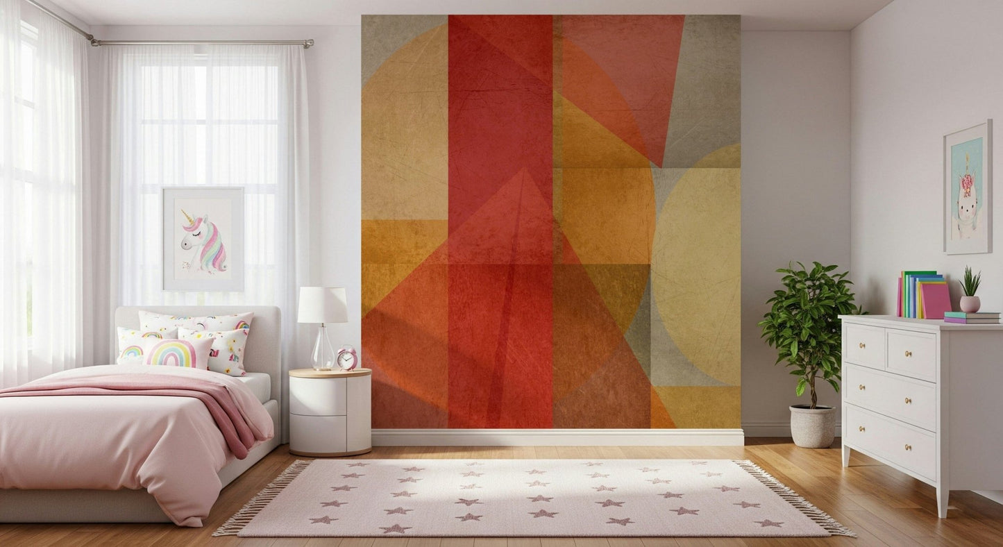 Overlapping circles, triangles, and rectangles blended into a rich abstract wallpaper design.