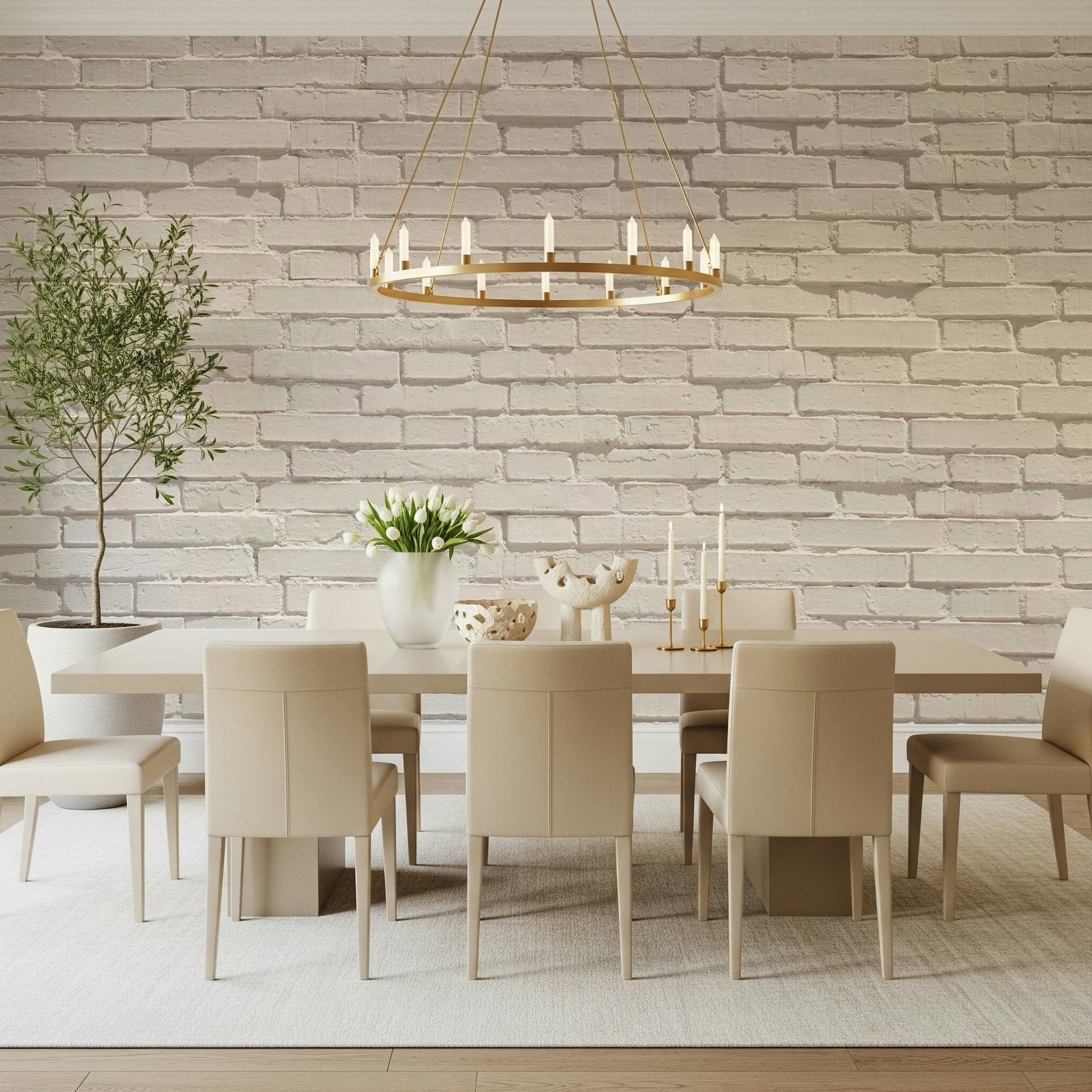 Wall mural combining clean white bricks and subtle mortar textures for stylish accent walls.