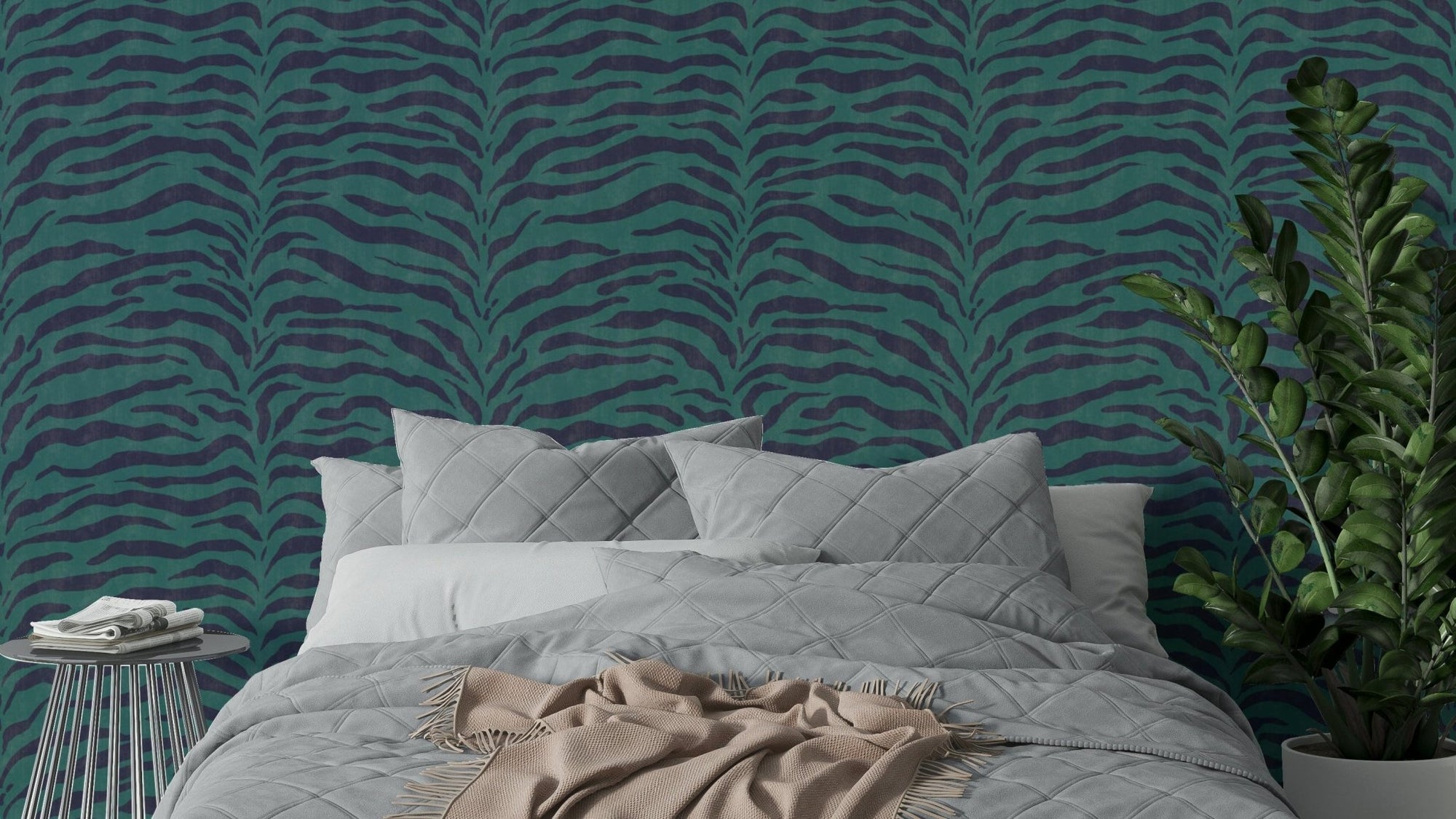 A close-up view of a wallpaper with a zebra stripe pattern.
