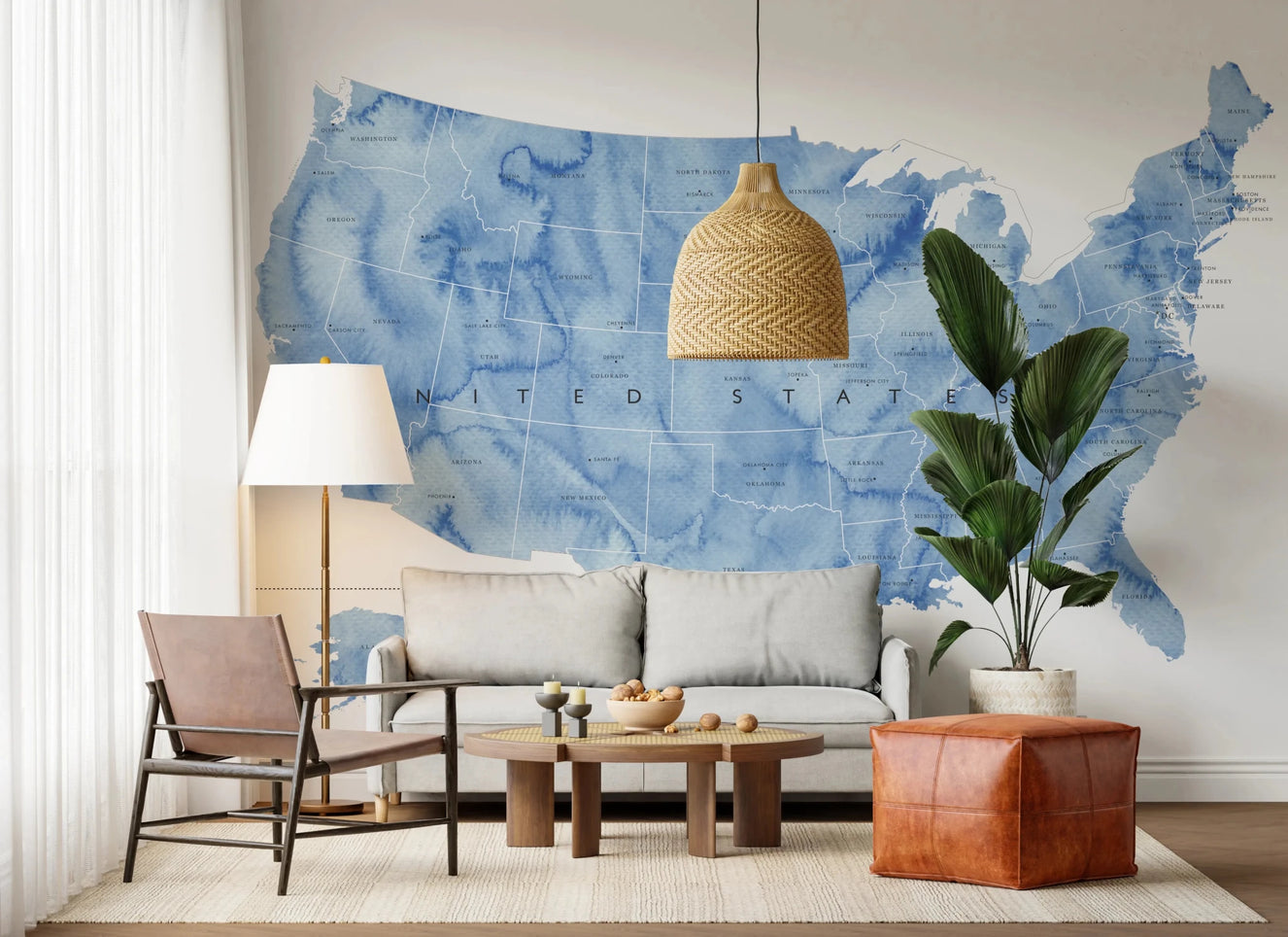 USA map with states and capitals in blue watercolor Wall Mural