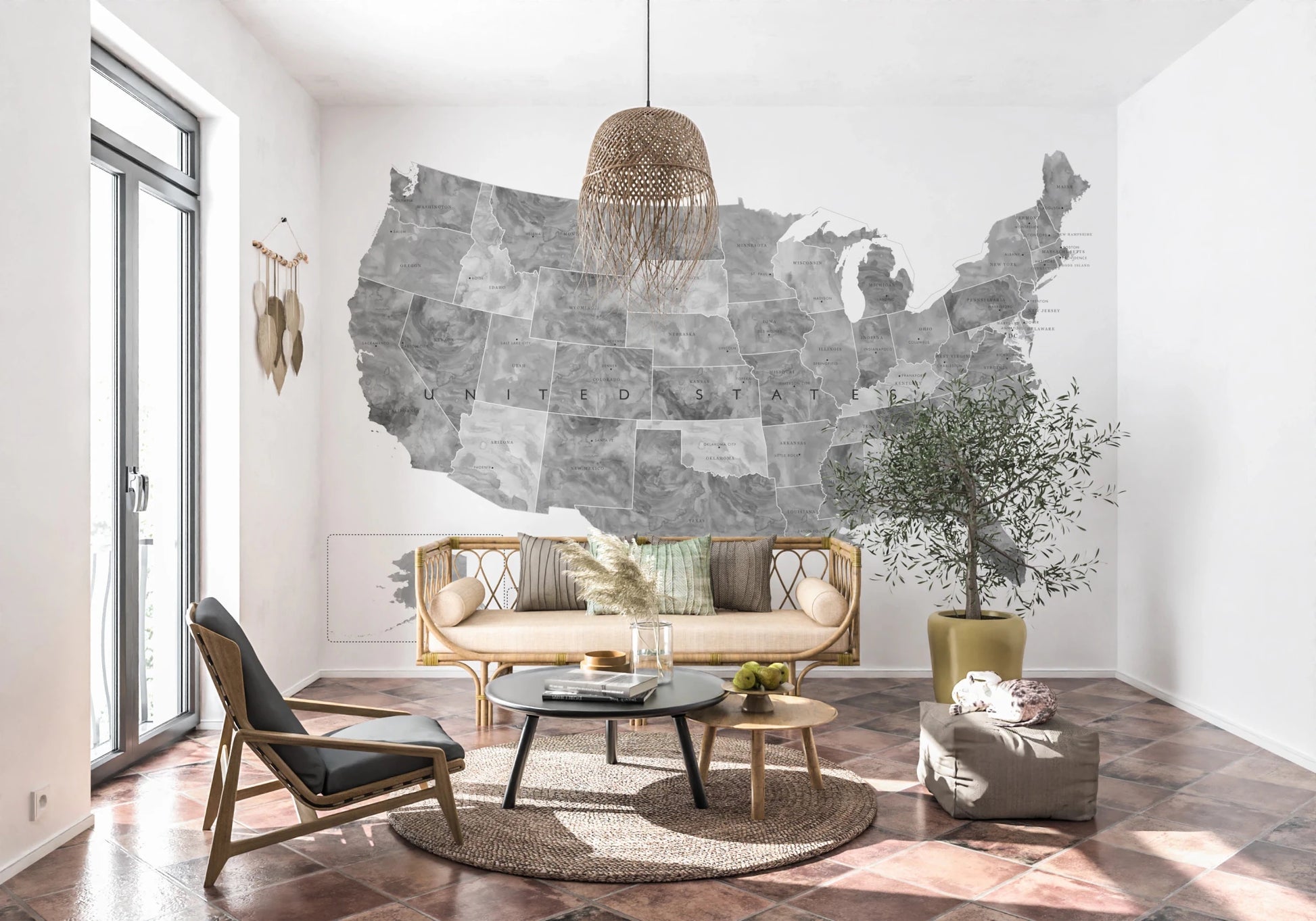 USA map with states and capitals in gray watercolor Wall Mural