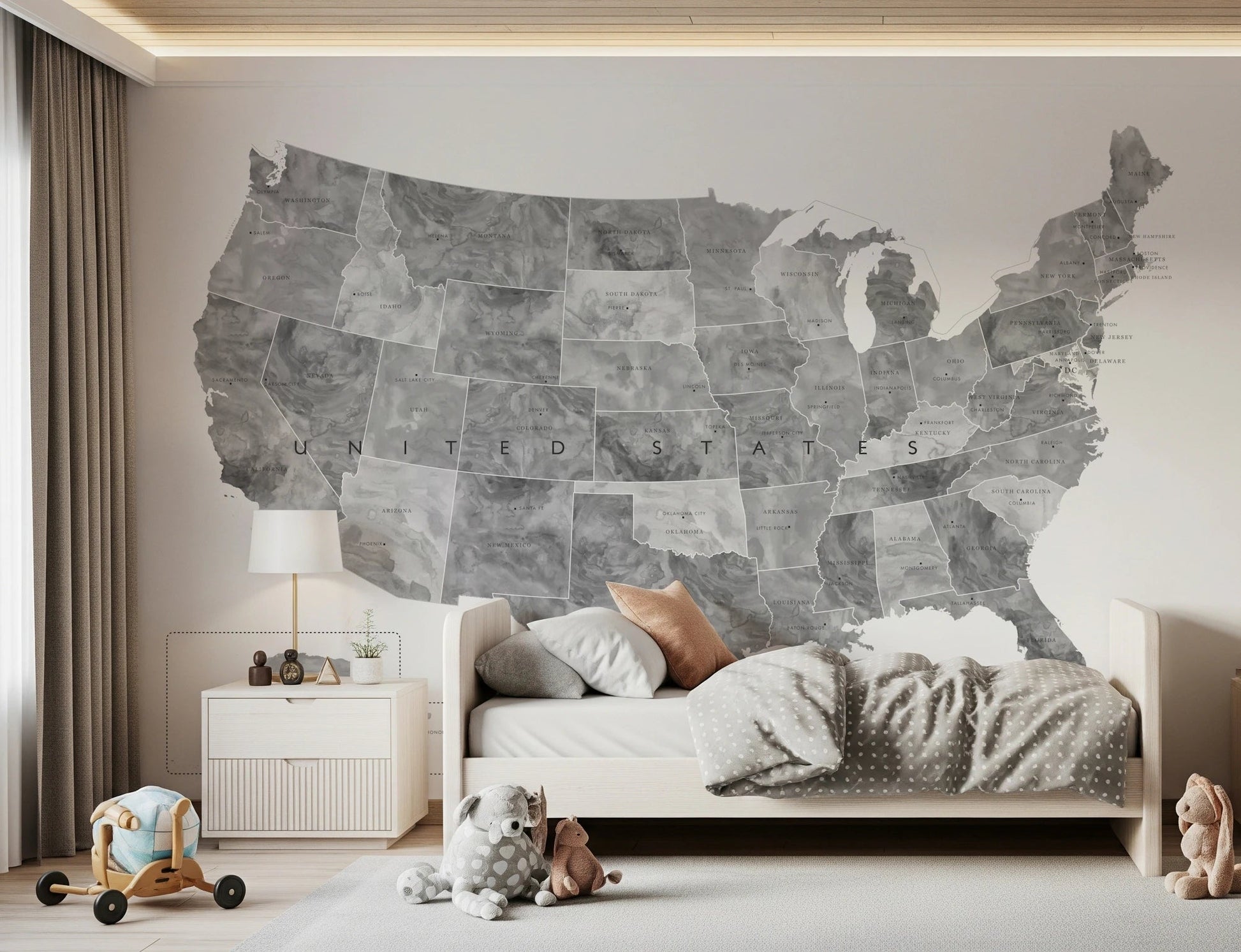 USA map with states and capitals in gray watercolor Wall Mural