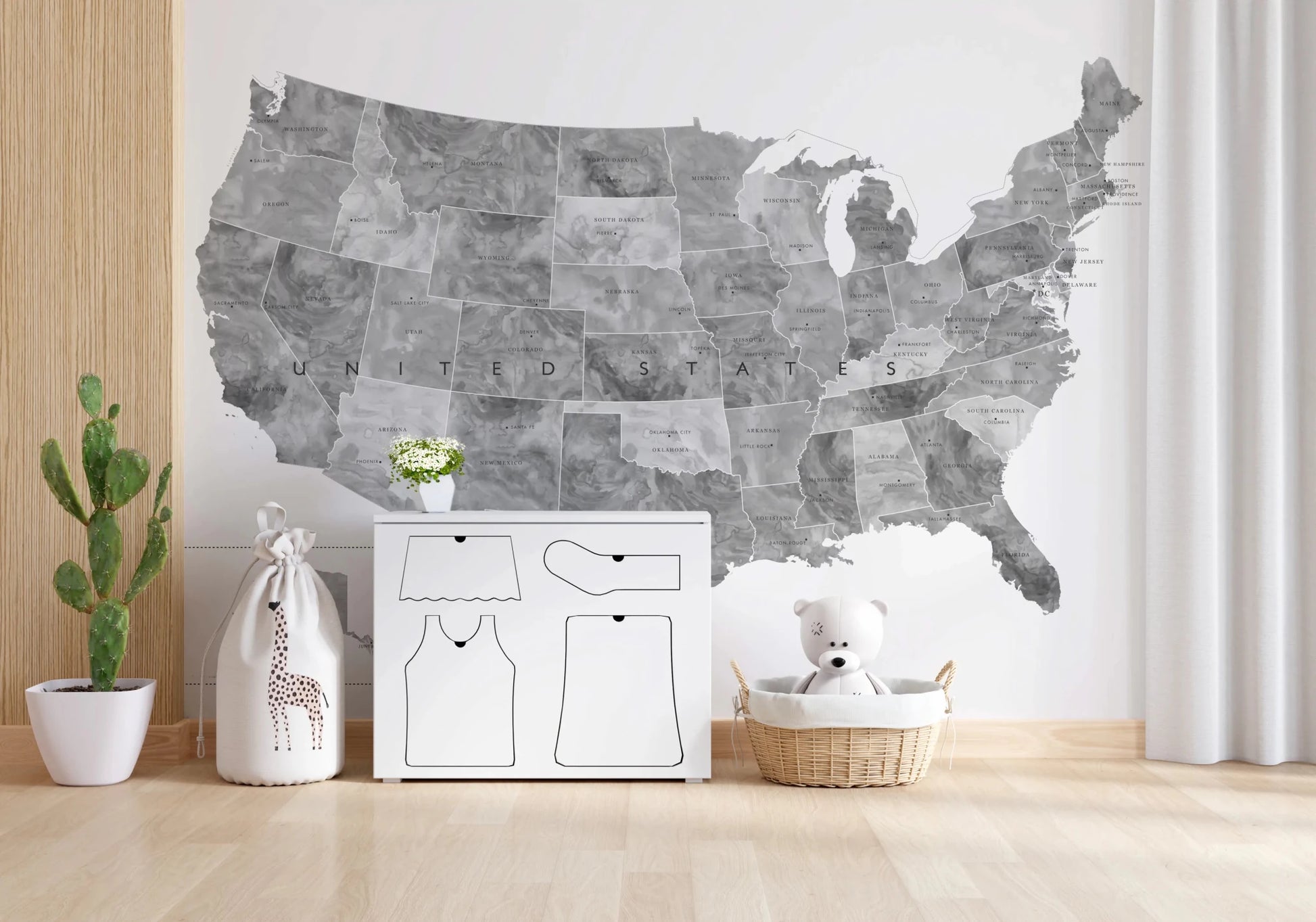 USA map with states and capitals in gray watercolor Wall Mural