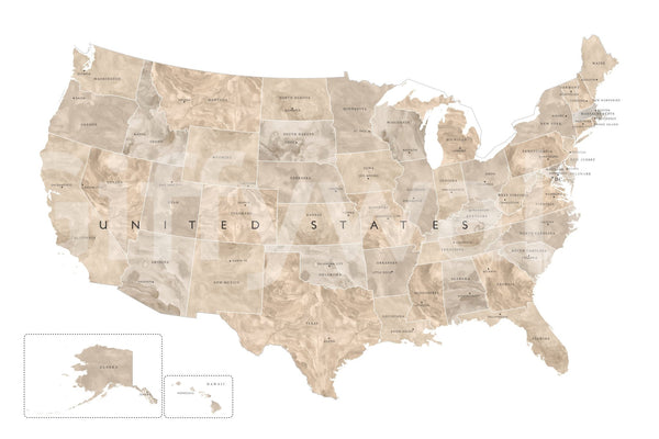 USA Map Tan Watercolor Wall Mural with States and Capitals