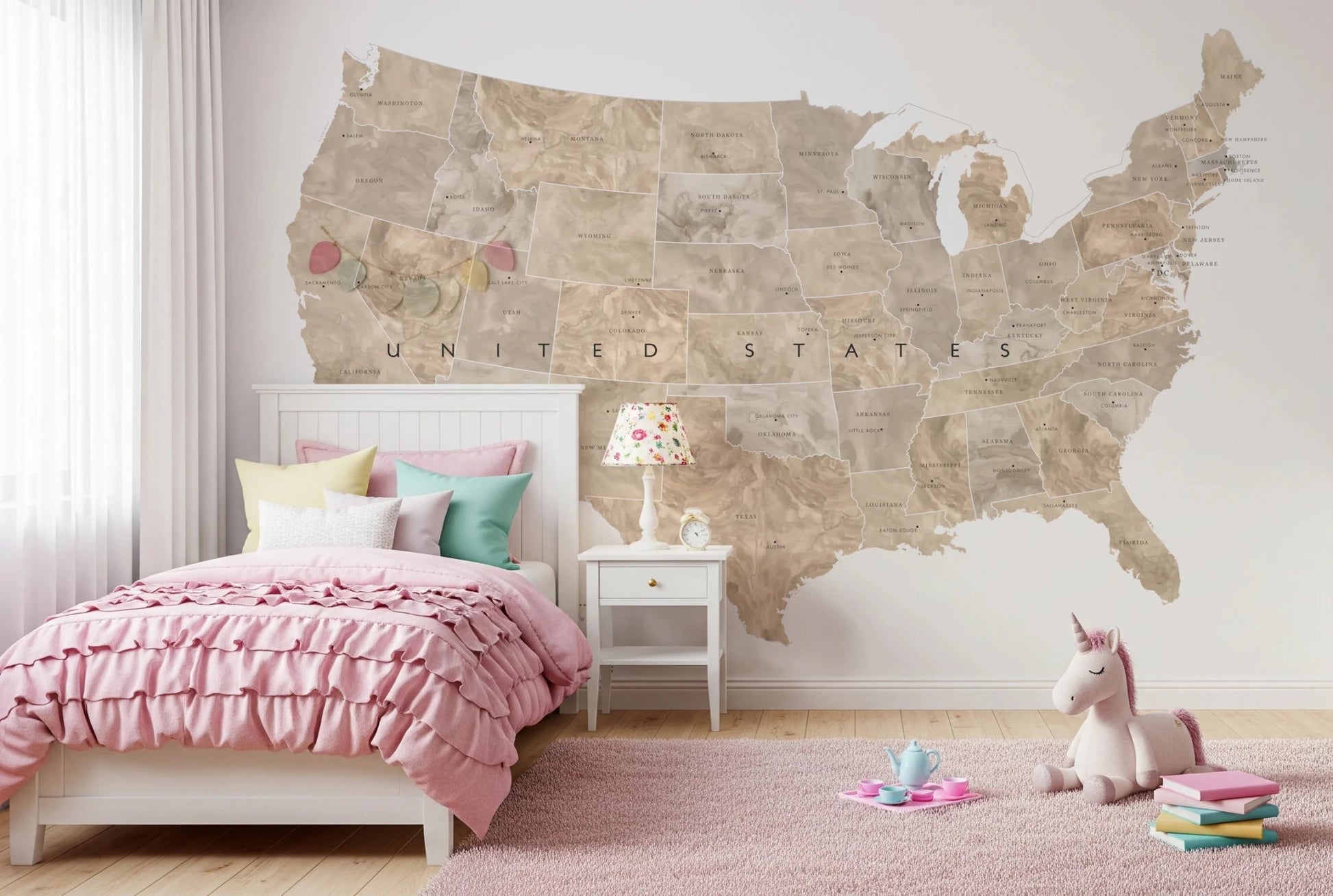 USA map with states and capitals in tan watercolor Wall Mural