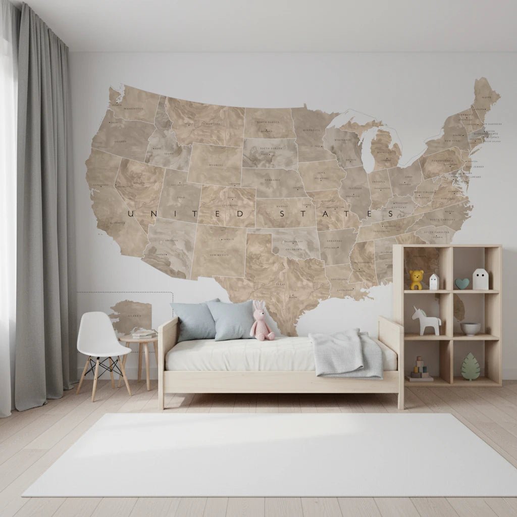 USA map with states and capitals in tan watercolor Wall Mural