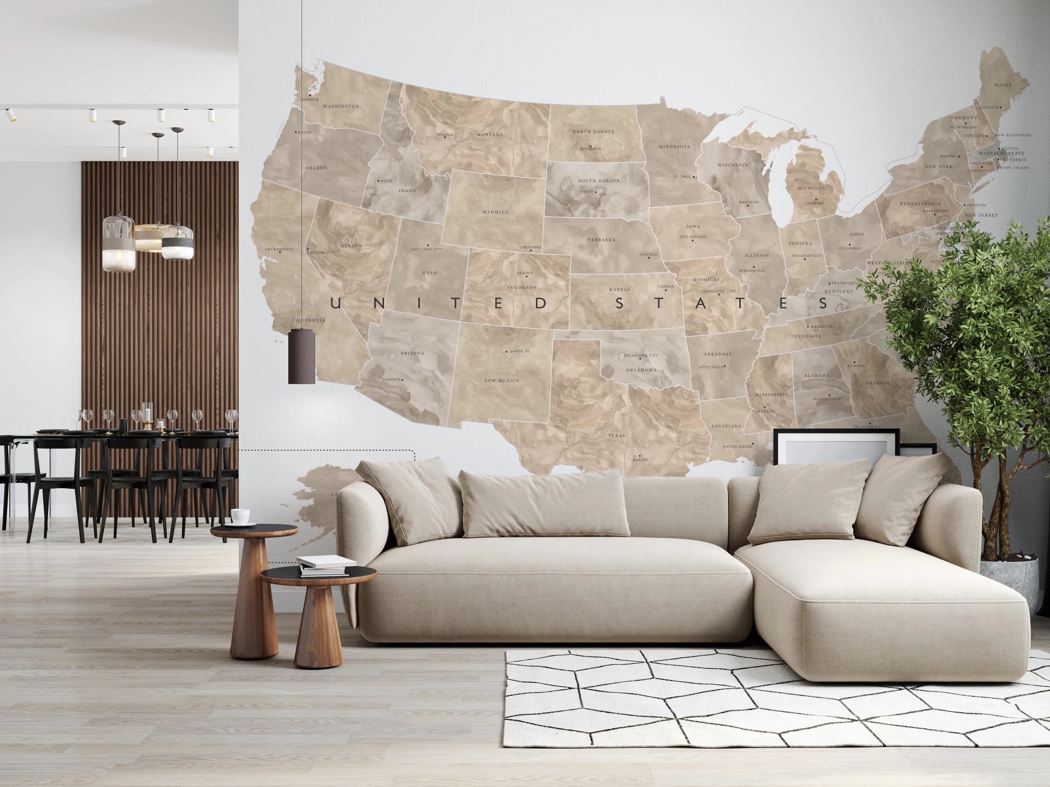 USA Map Tan Watercolor Wall Mural with States and Capitals