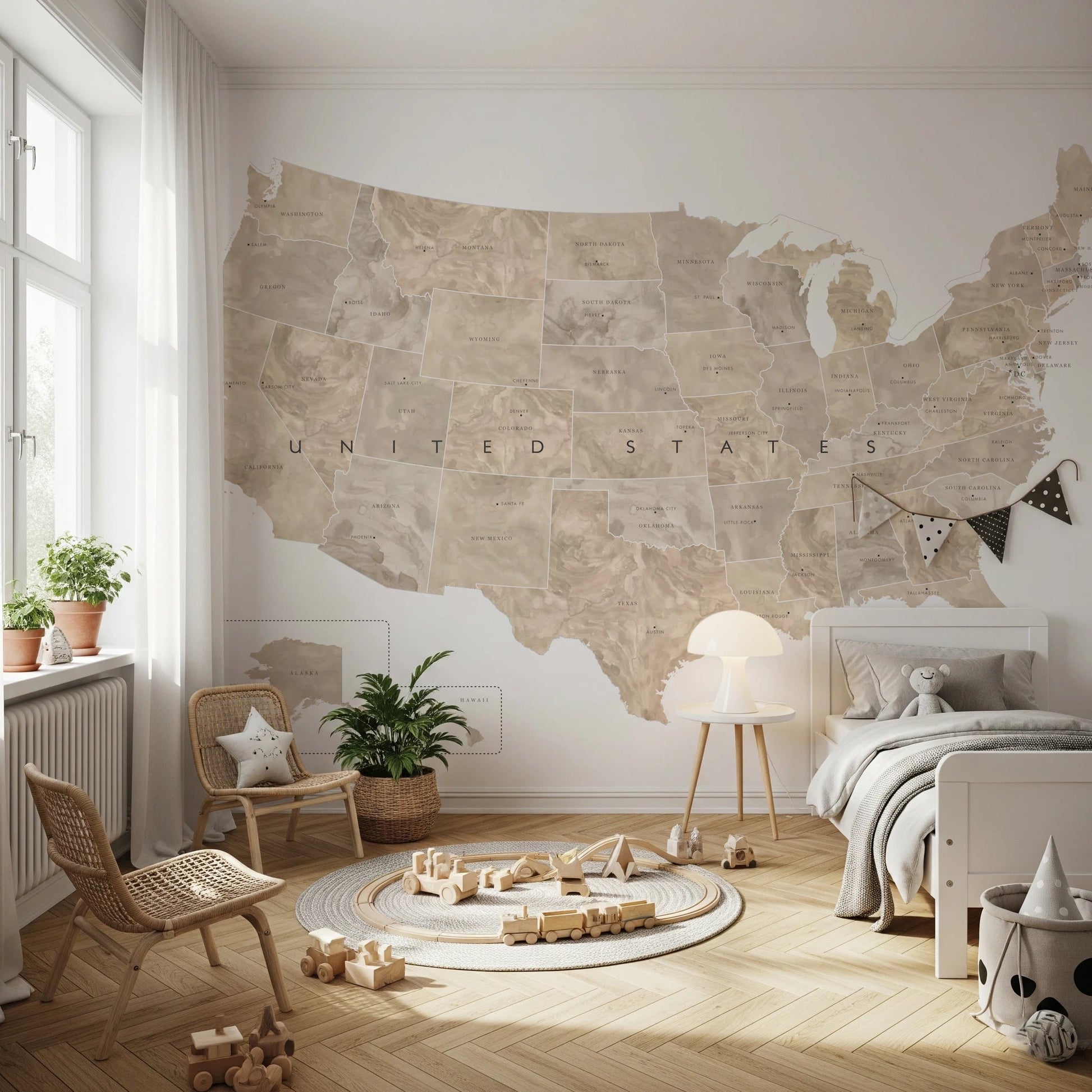 USA map with states and capitals in tan watercolor Wall Mural
