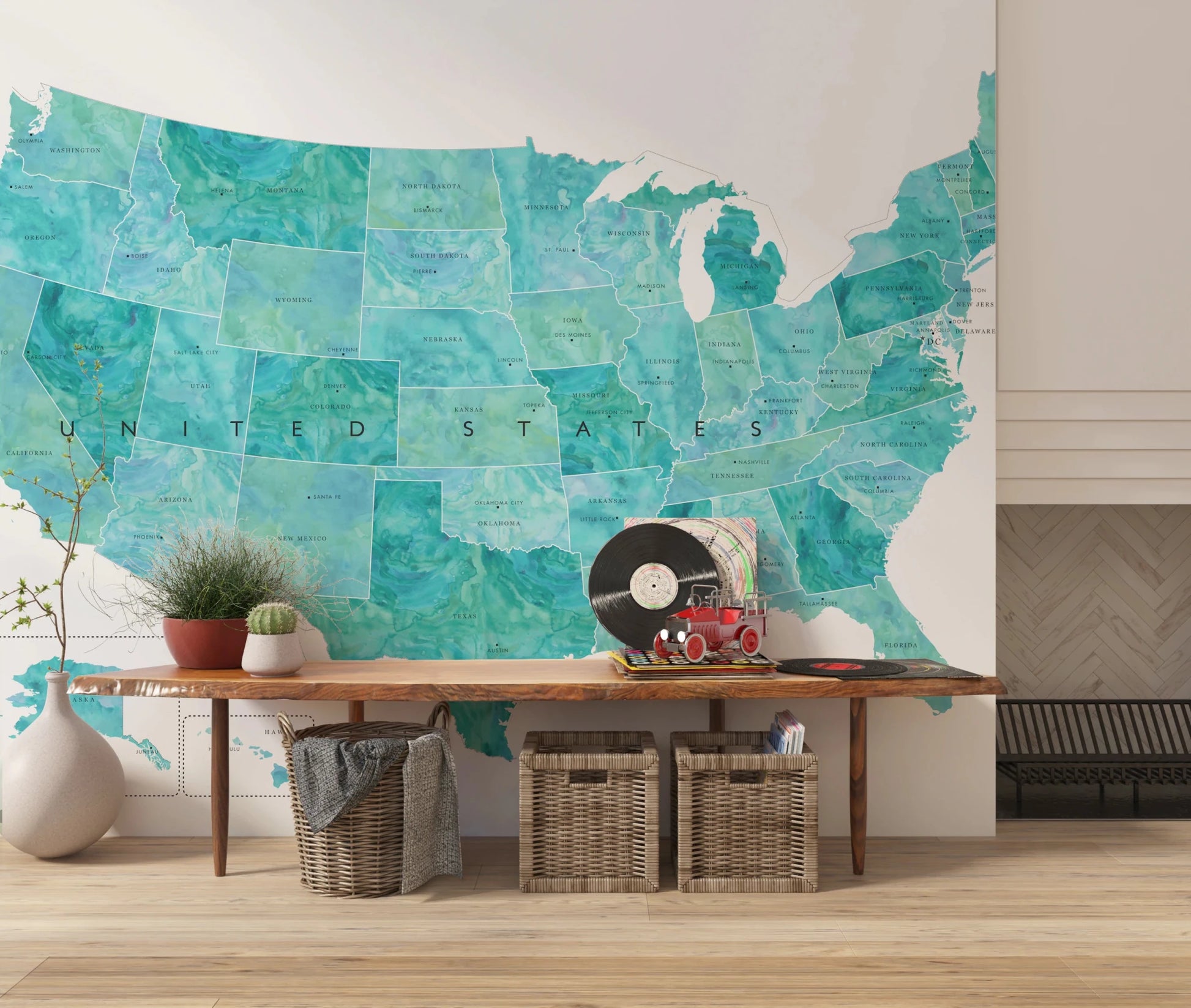 USA map with states and capitals in teal watercolor Wall Mural